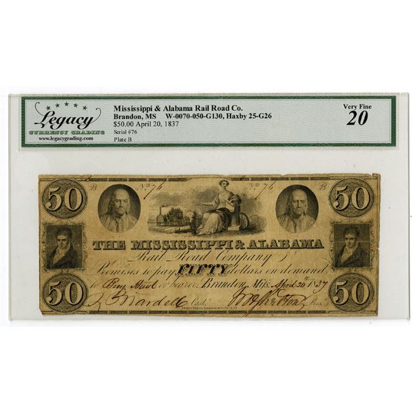 MS. Mississippi & Alabama Rail Road Co., April 20, 1837, Obsolete Banknote.