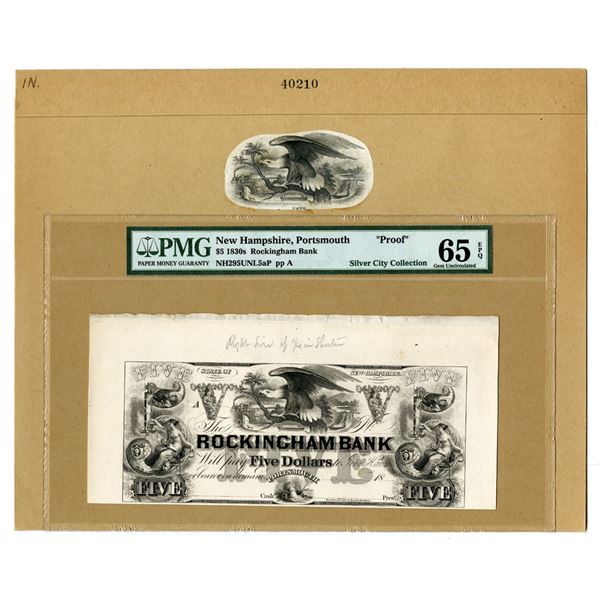 NH. Rockingham Bank, ca.1830's Obsolete Banknote Proof with Matching Proof Vignette.