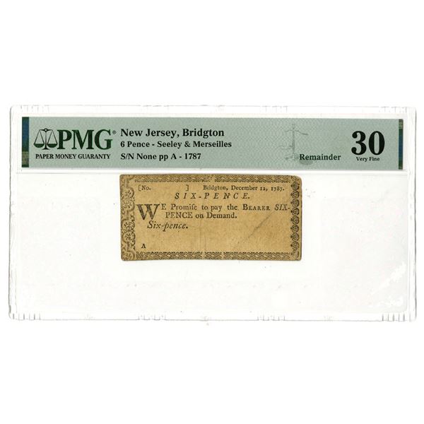 NJ. Seeley & Merseilles, December 12, 1787, 6 Pence Remainder Obsolete Banknote.
