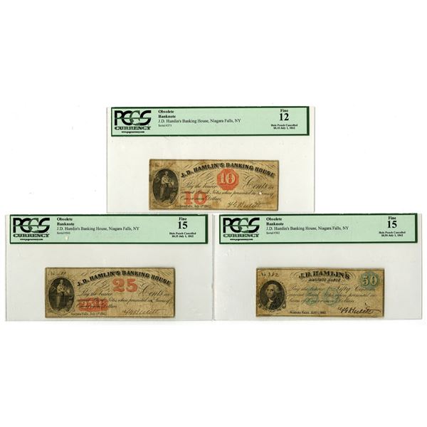 NY. J.D. Hamlin's Banking House, July 1, 1862, I/C Obsolete Scrip note Trio.