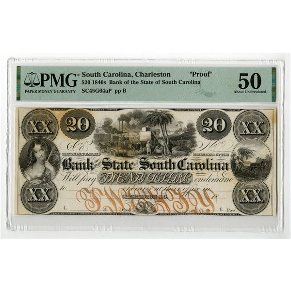 SC. Bank of the State of South Carolina, 1840s, Proof Banknote