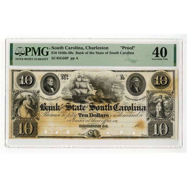SC. Bank of the State of South Carolina, 1840s, Proof Obsolete Banknote