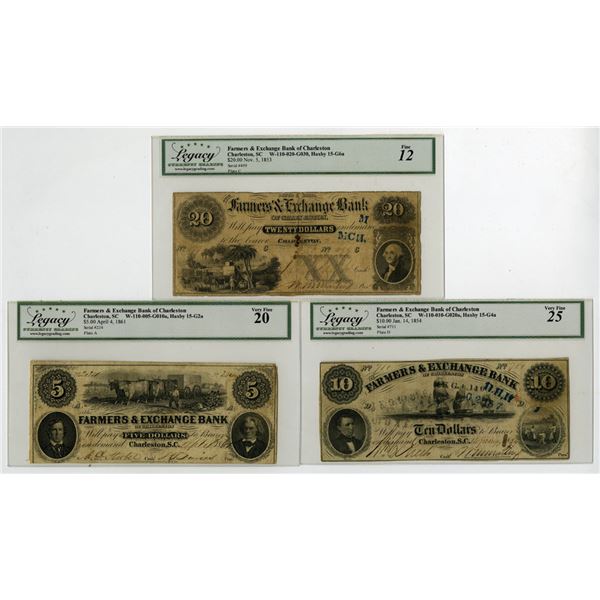SC. Farmers & Exchange Bank of Charleston, 1853 to 1861, Obsolete Banknote Trio.