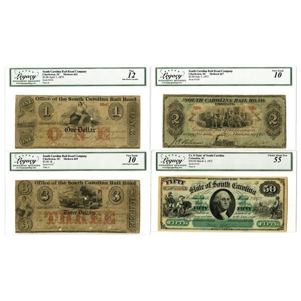SC. South Carolina Rail Road Co. & State of SC, 1870 to 1873, Issued Banknote Quartet.