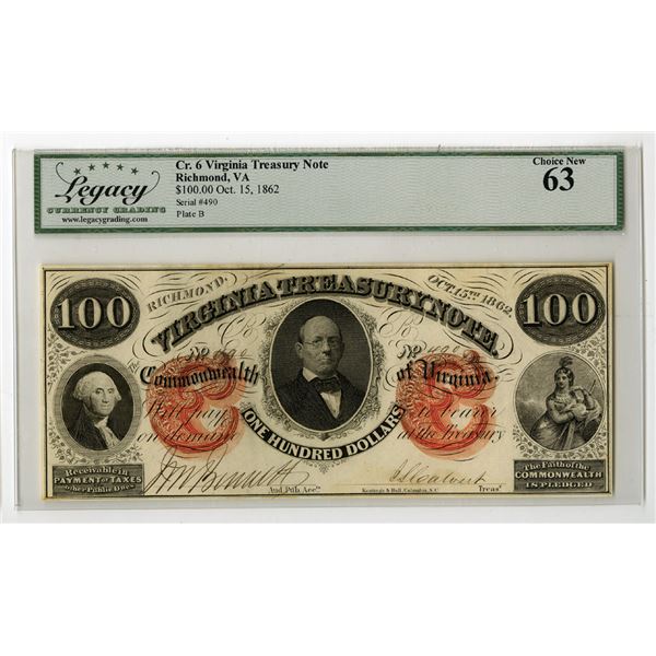 VA. Virginia Treasury Note, October 15, 1862, Obsolete Banknote.
