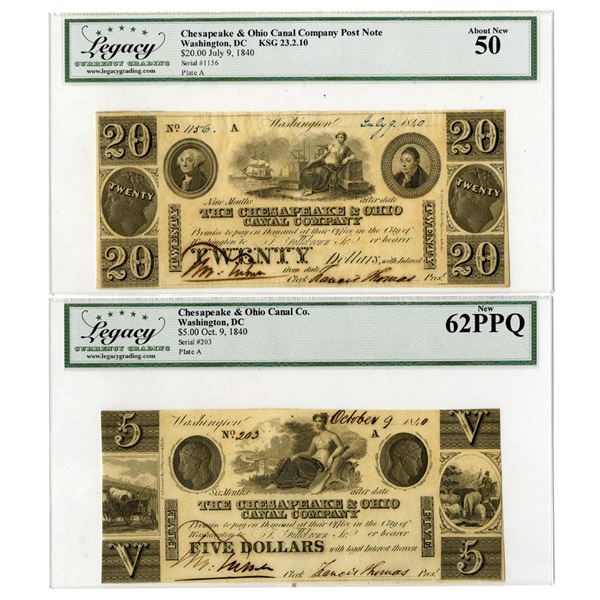 Washington D.C. Chesapeake & Ohio Canal Co., October 9 and July 9, 1840, Obsolete Banknote Pair.