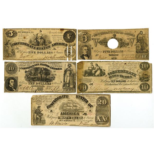 VA. Confederate States of America, 1861 Issued Banknote Quintet