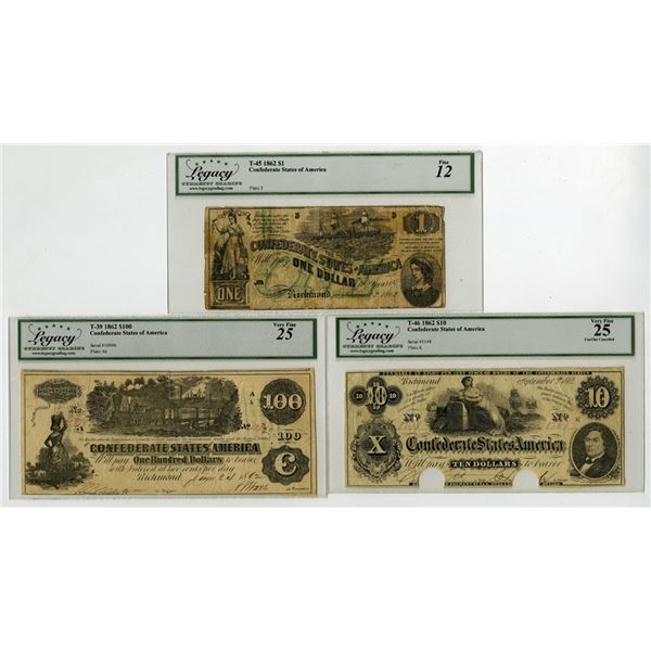 VA. Confederate States of America, 1862, Issued Banknote Trio.