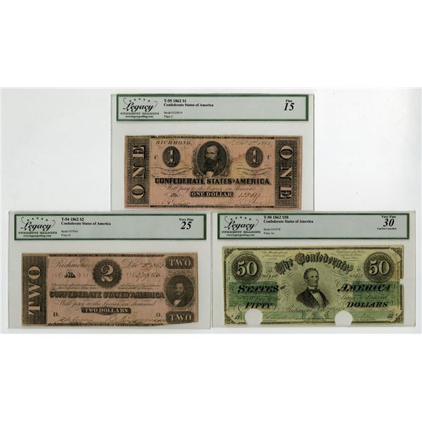 VA. Confederate States of America, December 2, 1862, Issued and Cancelled Banknote Trio.