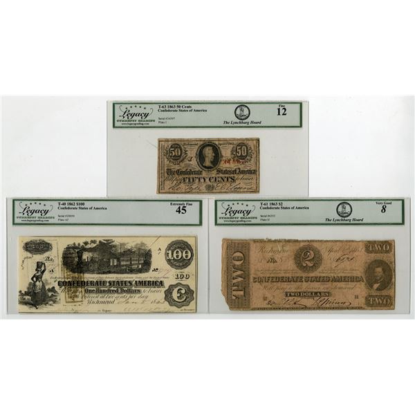 VA. Confederate States of America, 1862 to 1863, Issued Banknote Trio.