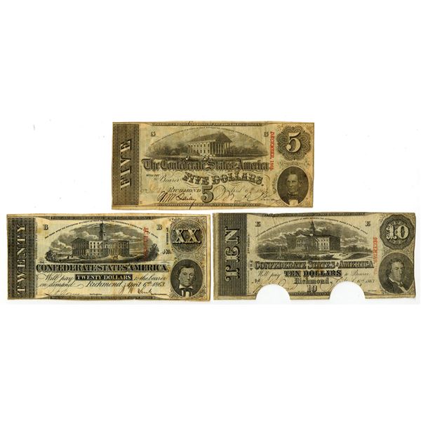 VA. Confederate States of America, 1863 Issued Banknote Trio