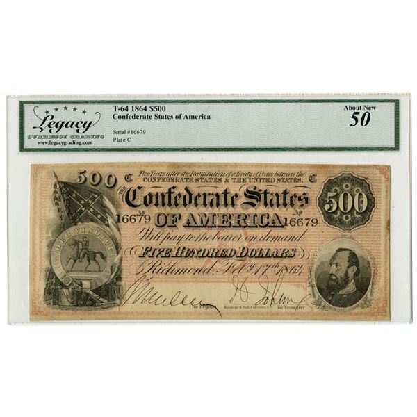 VA. Confederate States of America, February 17, 1864, 500 Dollars, T-64, Issued Banknote.