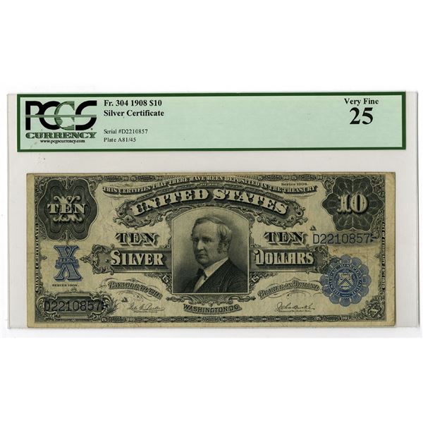 U.S. Silver Certificate, $10, Fr.#304, Series of 1908, Issued Banknote.