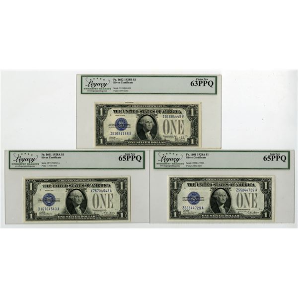 U.S. Silver Certificate, $1, Series of 1928, Issued Banknote Trio.
