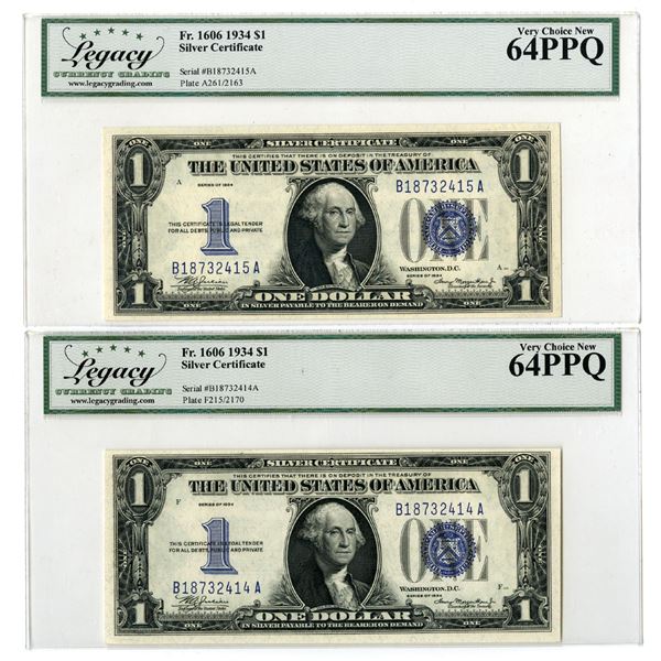 U.S. Silver Certificate, $1, Series of 1934, Sequential Issued Banknote Pair.