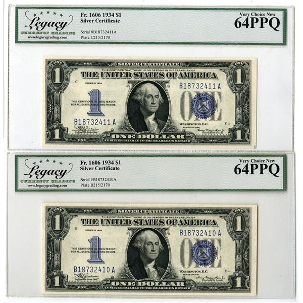 U.S. Silver Certificate, $1, Series of 1934, Sequential Issued Banknote Pair.