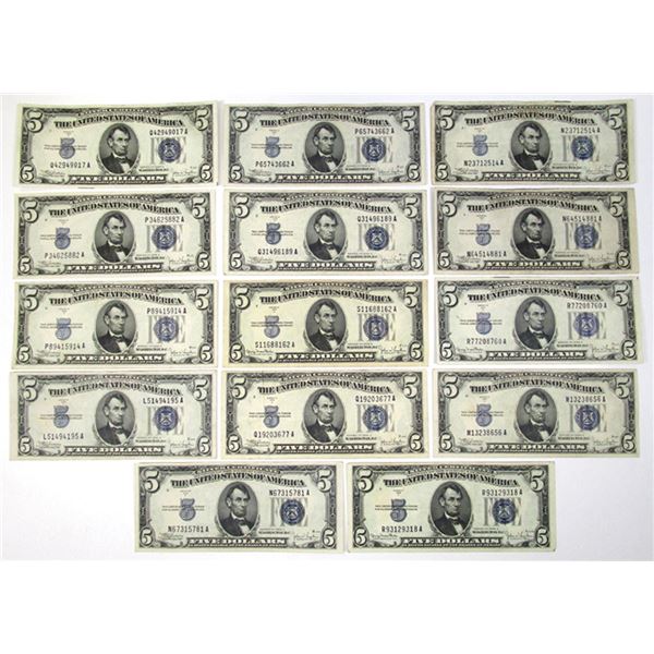 U.S. Silver Certificates, $5, Series of 1934 D, Fr. 1654 Issued Group of 14  Banknotes