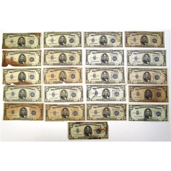 U.S. Silver Certificates, $5, Series of 1934D, Fr. 1654 Issued Group of 22  Banknotes