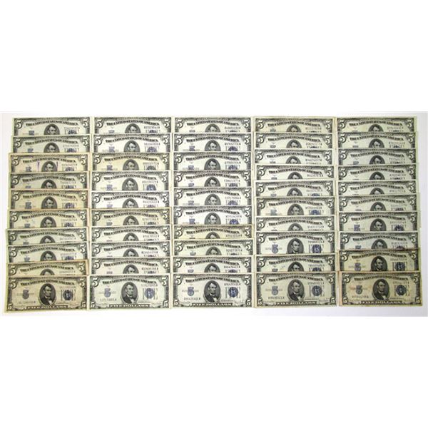 U.S. Silver Certificates, $5, Series of 1934D, Fr. 1654 Issued Group of 50  Banknotes