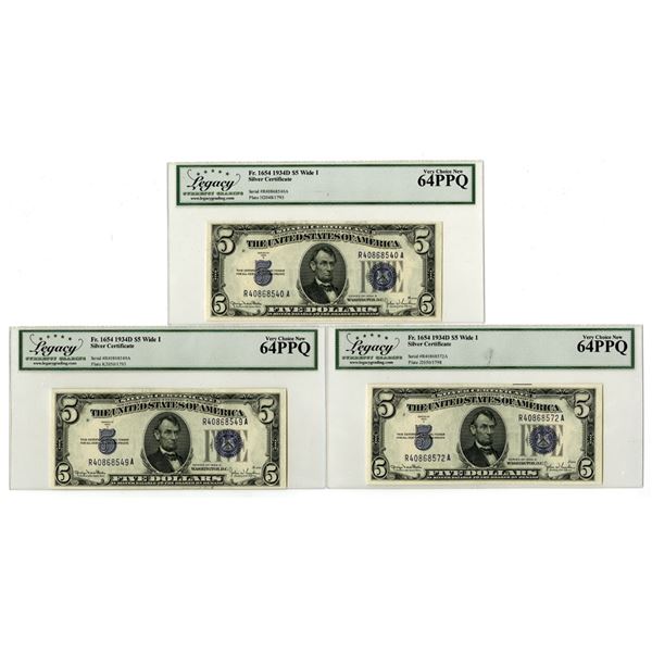 U.S. Silver Certificate, $5, Series of 1934D, Fr. 1654 Wide I Issued Banknote Trio.