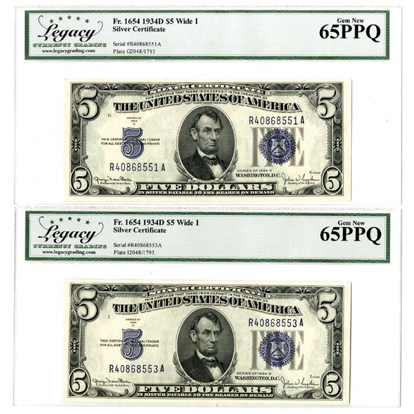 U.S. Silver Certificate, $5, Series of 1934D, Fr. 1654 Wide I, Issued Banknote Pair.