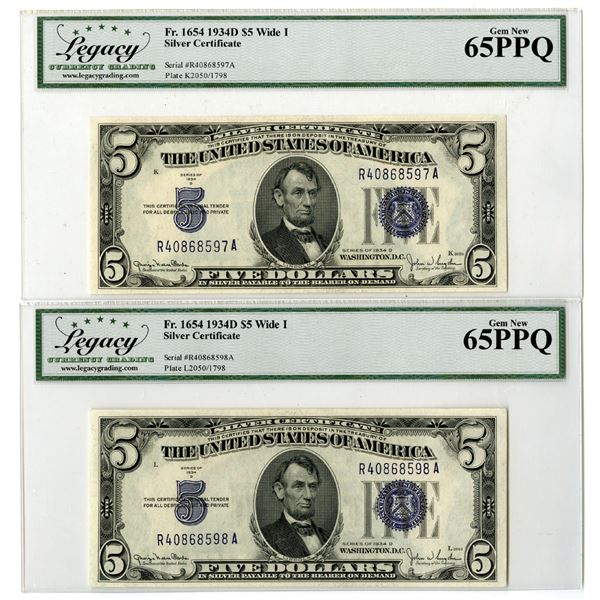 U.S. Silver Certificate, $5, Series of 1934D, Sequential Issued Banknote Pair.