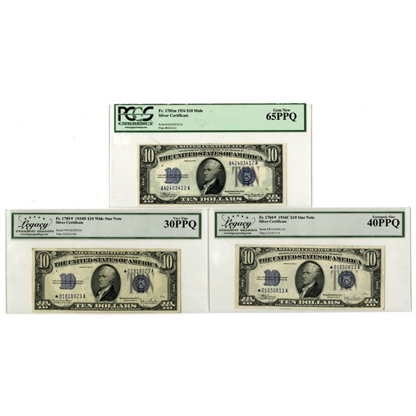 U.S. Silver Certificate, $10, Series of 1934, 1934C* and 1934D*, Issued & Star Banknote Trio.