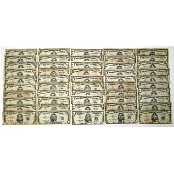 U.S. Silver Certificates, $5, Series of 1953, Fr. 1655 Issued Group of 50  Banknotes