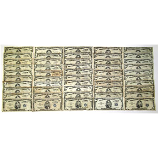 U.S. Silver Certificates, $5, Series of 1953, Fr. 1655 Issued Group of 50  Banknotes