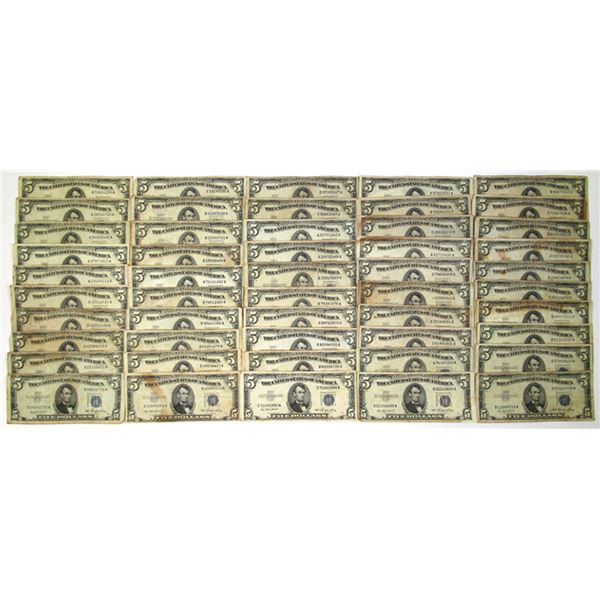 U.S. Silver Certificates, $5, Series of 1953, Fr. 1655 Issued Group of 50  Banknotes