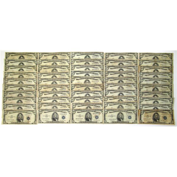 U.S. Silver Certificates, $5, Series of 1953, Fr. 1655 Issued Group of 50  Banknotes