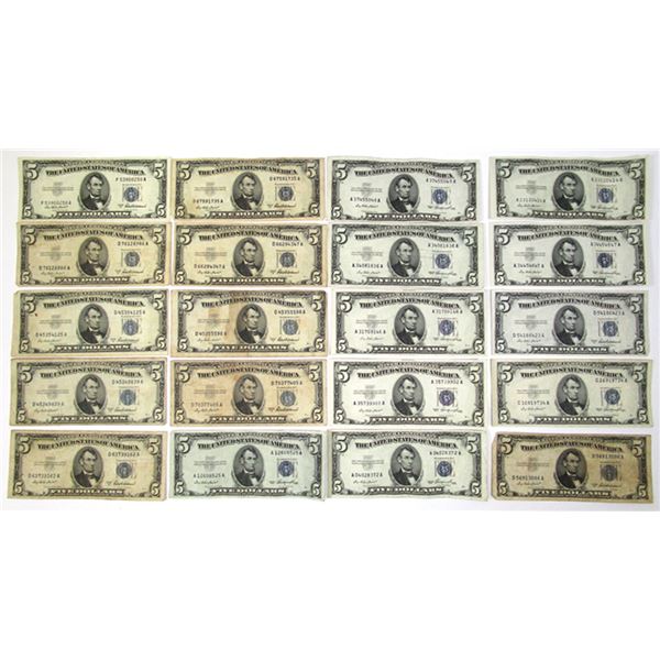 U.S. Silver Certificates, $5, Series of 1953 A, Fr. 1656 Issued Group of 20  Banknotes