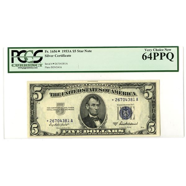 U.S. Silver Certificate, $5 Star Note, Series of 1953A, Fr. 1656* Issued Banknote.