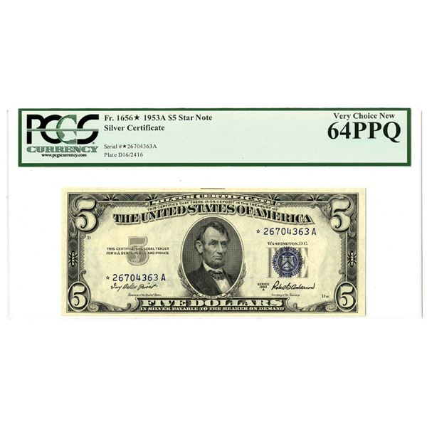 U.S. Silver Certificate, $5 Star Note, Series of 1953A, Fr. 1656* Issued Banknote.