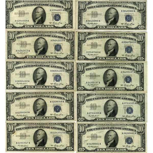 U.S. Silver Certificates, $10, Series of 1953, Fr. 1706 Issued Group of 10  Banknotes