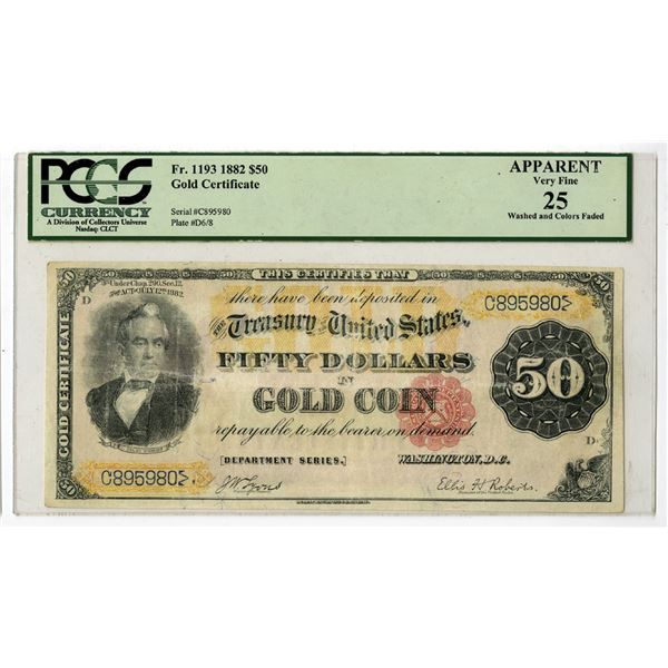 U.S. Gold Certificate, $50, Fr.#1193, Series of 1882, Issued Banknote.