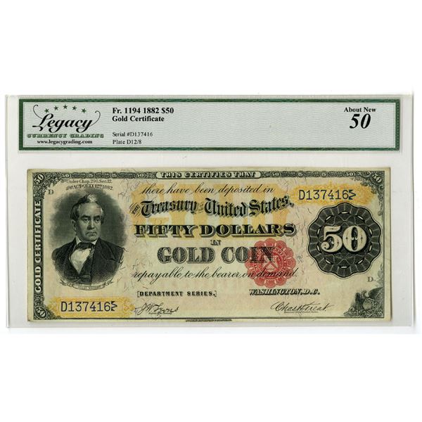 U.S. Gold Certificate, $50, Fr.#1194, Series of 1882, Issued Banknote.