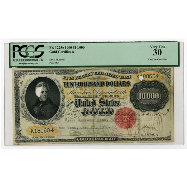 U.S. Gold Certificate, $10,000, Fr.#1225e, Series of 1900, Punch Cancelled Banknote.