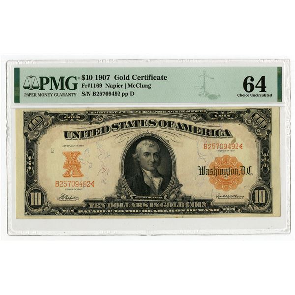 U.S. Gold Certificate, $10, Fr.#1169, Series of 1907, Issued Banknote.