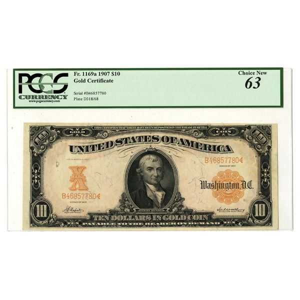 U.S. Gold Certificate, $10, Fr.#1169a, Series of 1907, Issued Banknote.