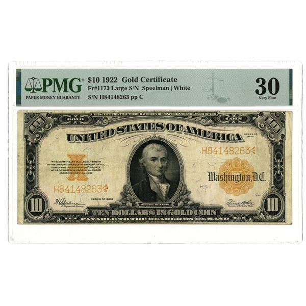 U.S. Gold Certificate, $10, Fr.#1173, Series of 1922, Issued Banknote.