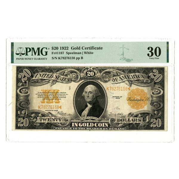 U.S. Gold Certificate, $20, Series of 1922, Fr.#1187, Issued Banknote.