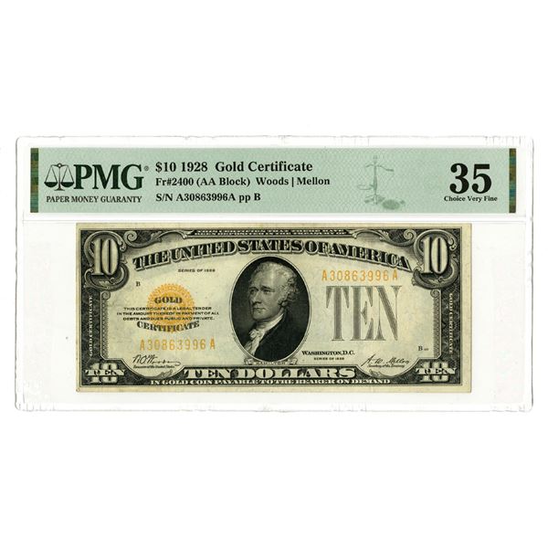 U.S. Gold Certificates, $10, Series of 1928, Fr. 2400 Issued Banknote