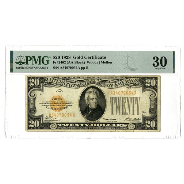 U.S. Gold Certificate, $20, Series of 1928, Issued Banknote.