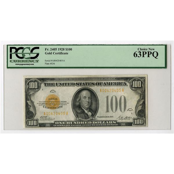 U.S. Gold Certificate, $100, Fr.#2405, Series of 1928, Issued Banknote.