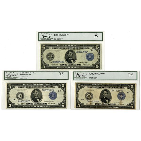 NY & OH. Federal Reserve Notes, $5, Series of 1914, Issued Banknote Trio.