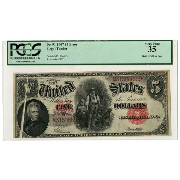 U.S. Legal Tender Note, $5, Fr.#91, Series of 1907, Issued Error With Pre-Printing Paper Fold.