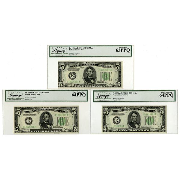U.S. Federal Reserve Notes, $5, Series of 1934, Fr. 1956m-E DGS Mule Issued Banknote Trio