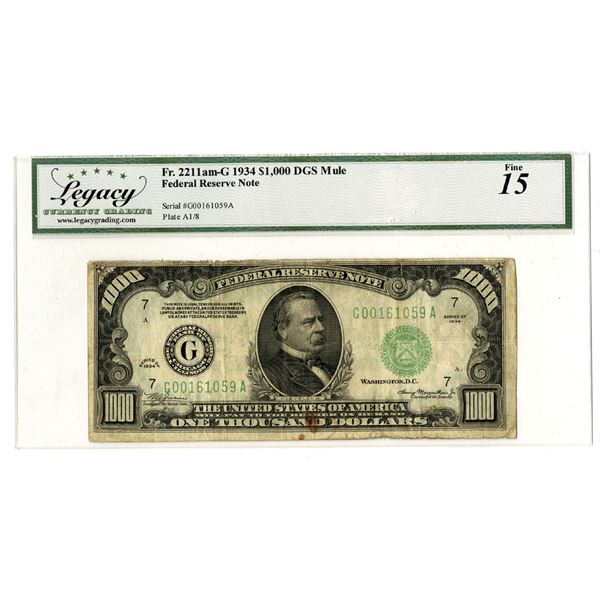 U.S. Federal Reserve Note, $1000, Series of 1934, Fr#2211am-G, DGS Mule