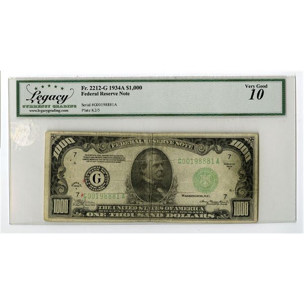 U.S. Federal Reserve Note, $1000, Fr.#2212-G, Series of 1934A, Issued Banknote.